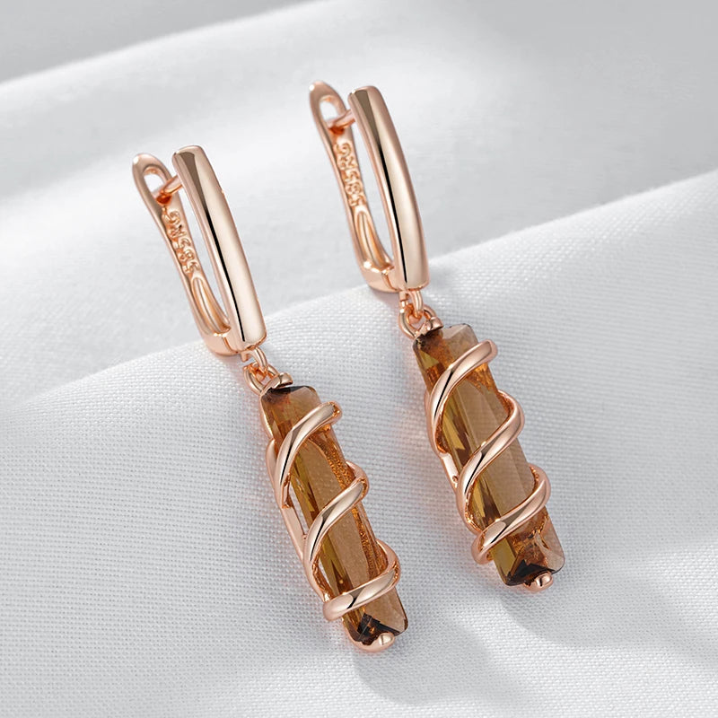 Women Light Brown Natural Zircon Drop Earrings 585 Rose Gold Colour