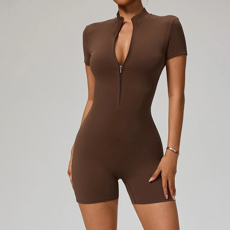 Zipper Front Jumpsuit - Short Sleeve Nylon Workout Set for Gym & Yoga