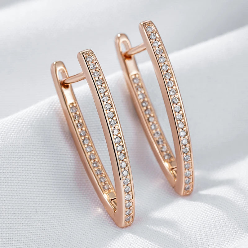 Rose Gold V-Shape Hoop Earrings - Natural Zircon Women's Jewelry