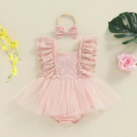 Baby Girls Summer Romper Dress with Lace & Ruffles - Floral Jumpsuit & Headband (0-18M)