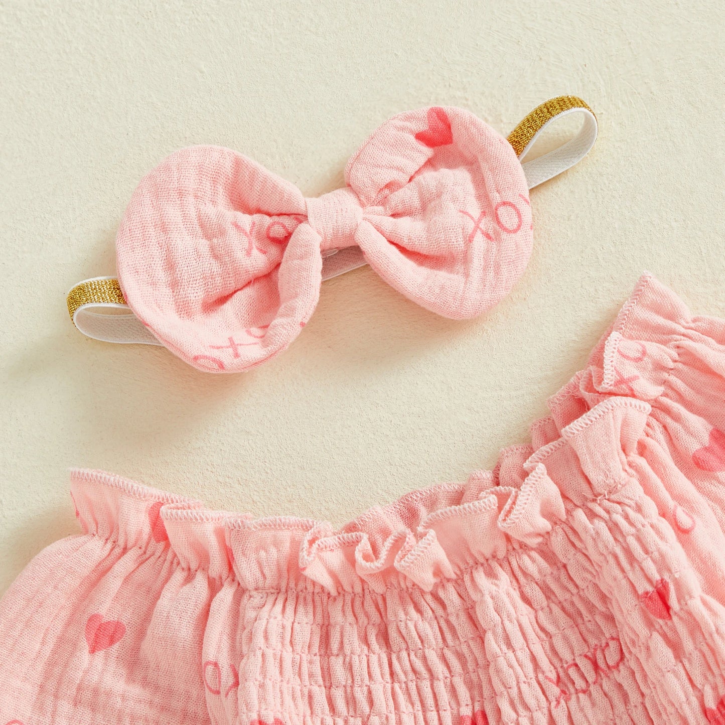 Baby Girls Valentine's Day Romper - Heart Print Smocked Jumpsuit with Headband 0-18M