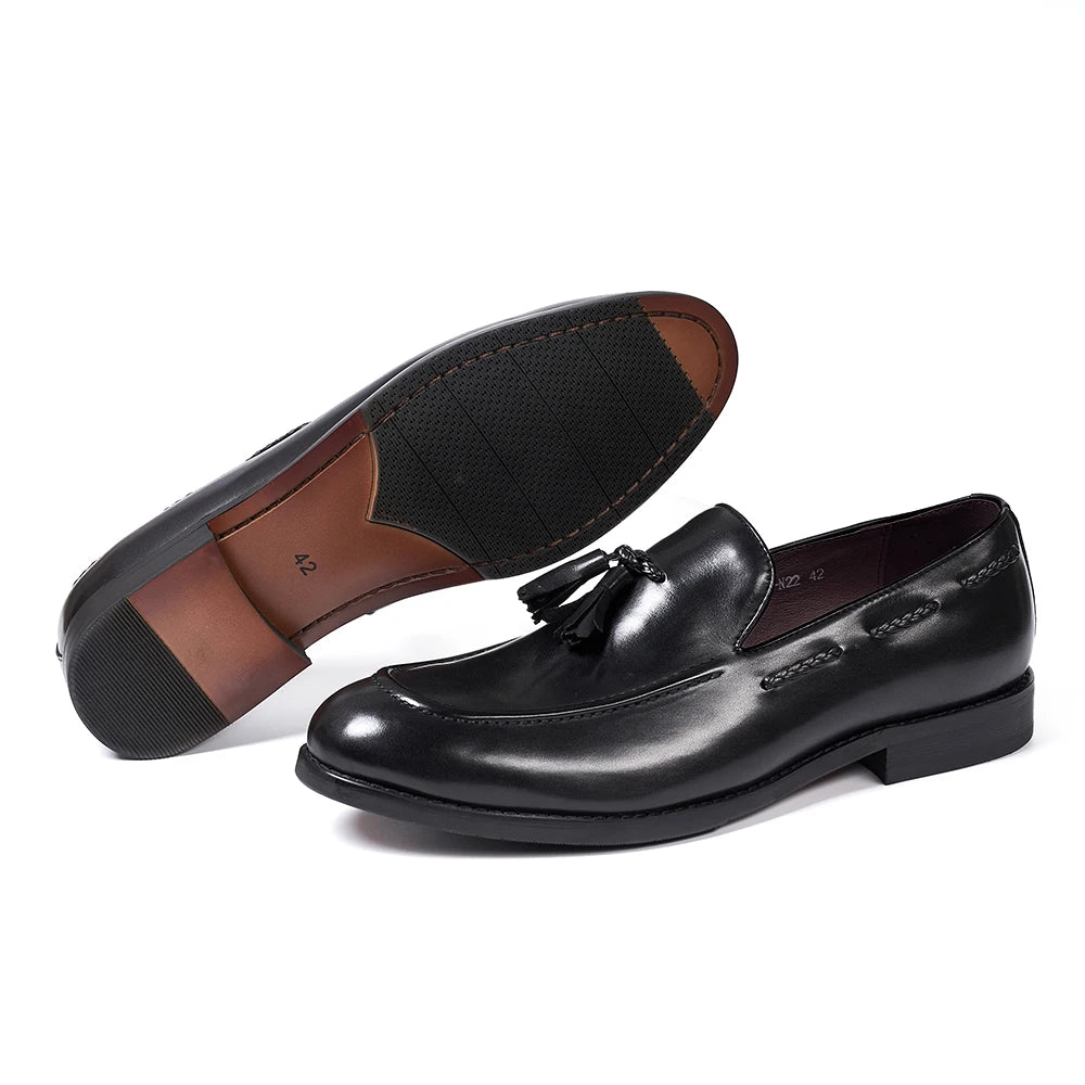 Classic Men's Tassel Loafers Genuine Leather Handmade Slip on Comfortable Office Wedding Shoes