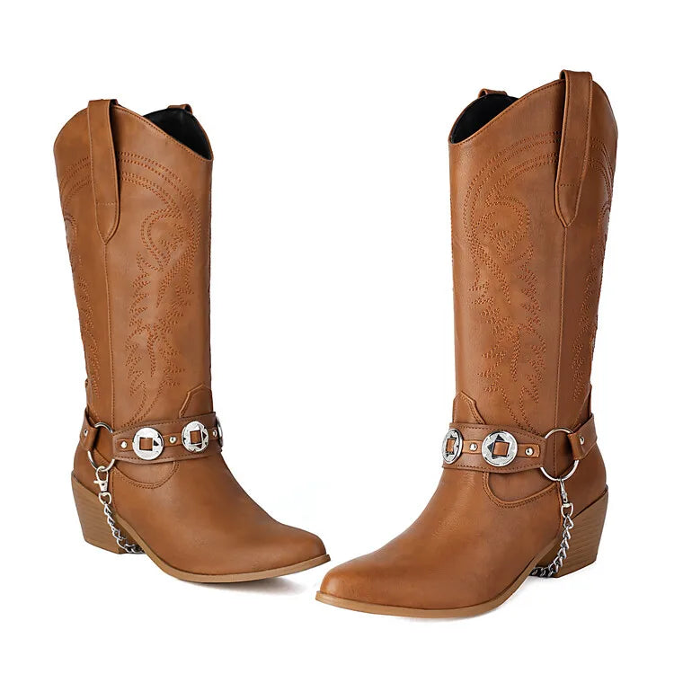 Women's Tapered Circular Metal Chain Chelsea Bohemian Pointed Leather Knee High Boots