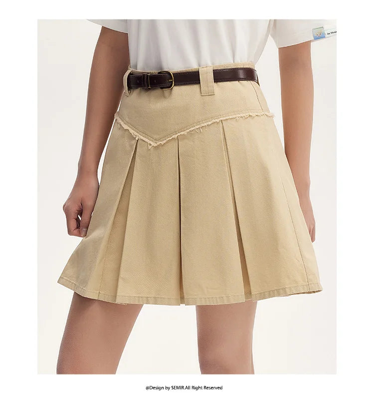 Salt & Sweet Style A-Line Mini Skirt - Summer Edgy Raw Hem Pleated Retro Skirt with Belt