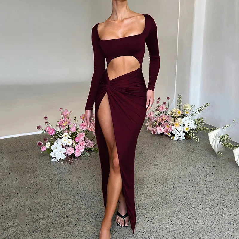 Women's Long Sleeve High Rise Slit Maxi Dress - Cut Out Ruched Twist Knot Dress