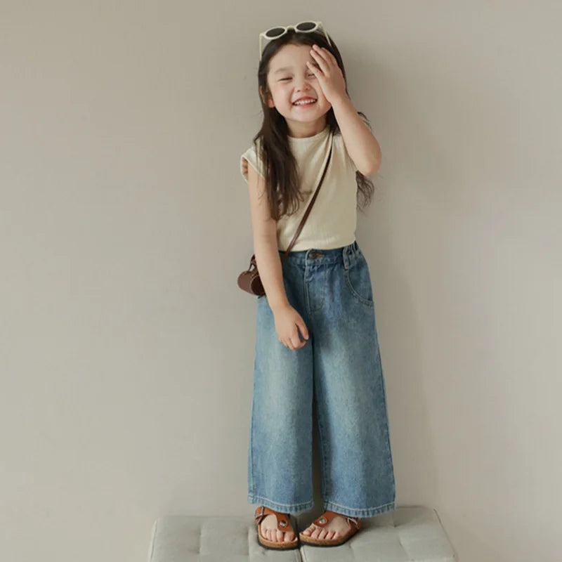 Girl's High Waist Wide-Leg Denim Jeans for 3-8Yrs Old