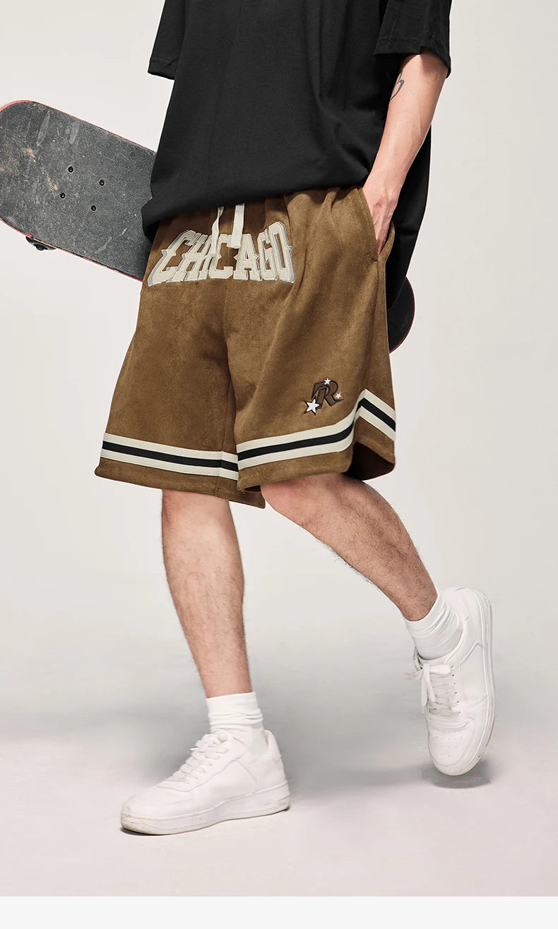 Men's Brown Basketball Elastic Waist Faux Suede Sports Shorts