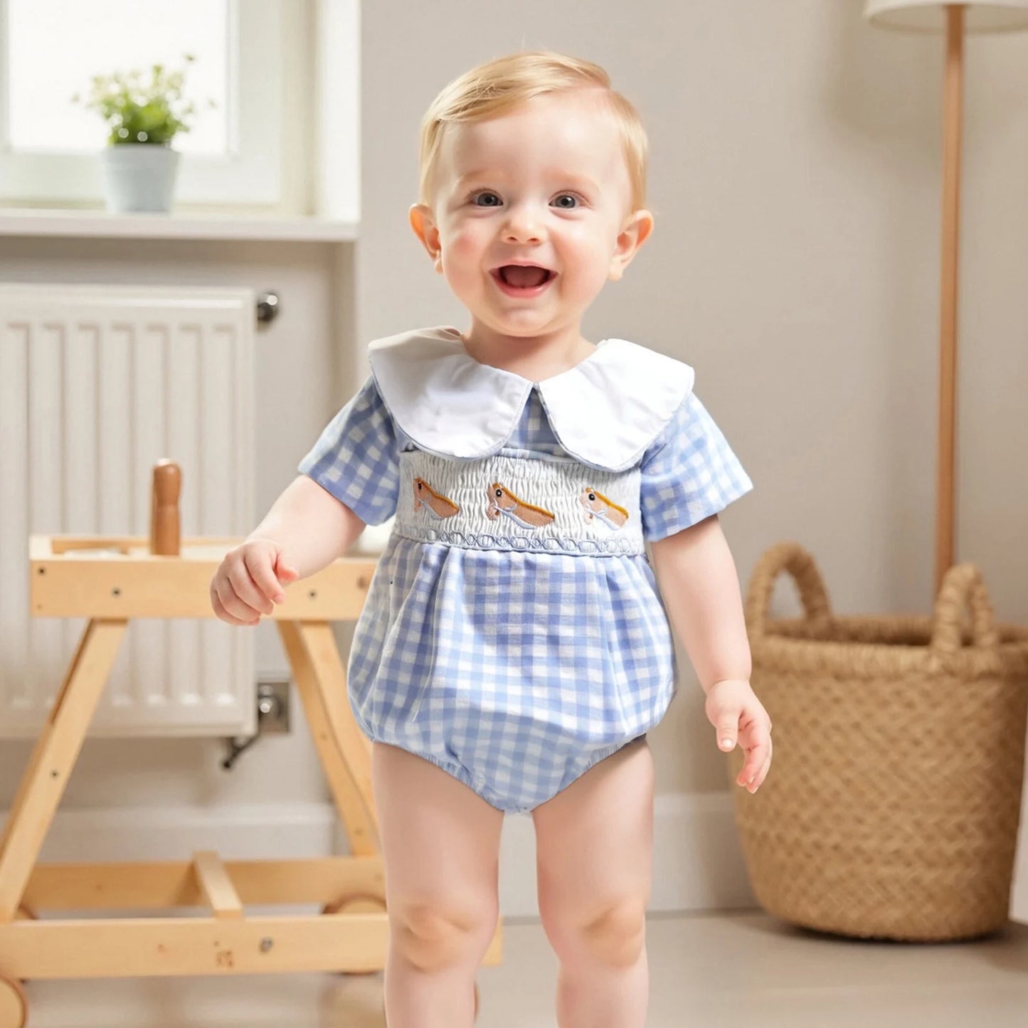 Lovely Baby Summer Romper - Plaid Print Western Embroidery Doll Collar Jumpsuit (0-18M)