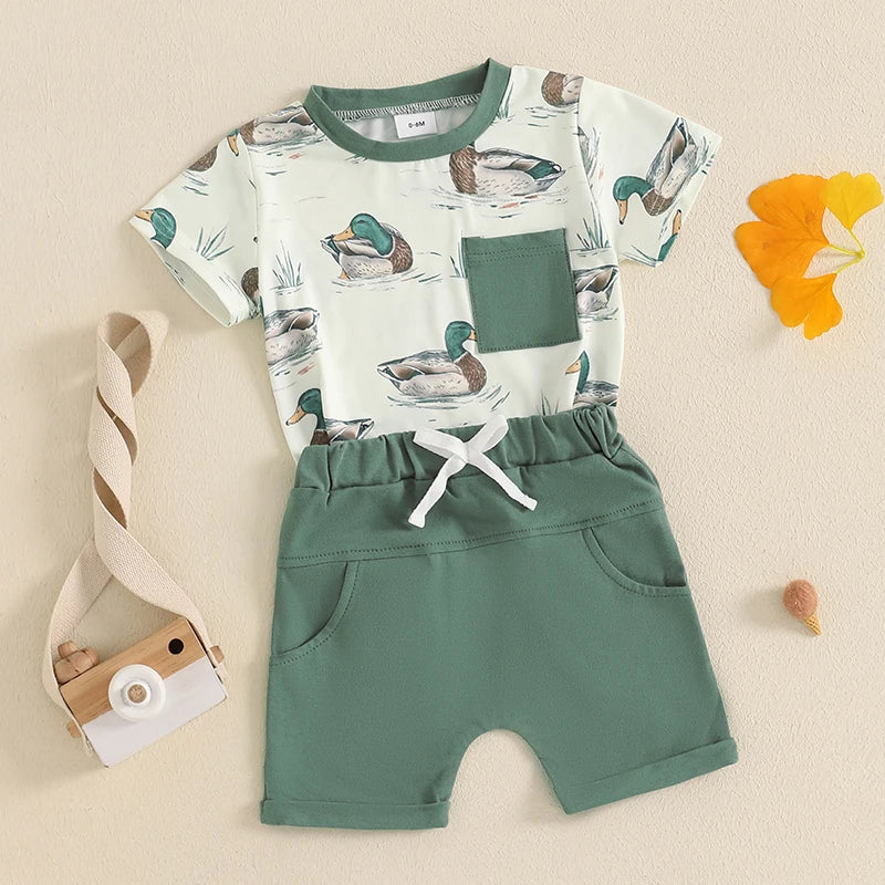Baby Boys Duck Print Outfit Set - Patchwork T-Shirt with Elastic Waist Shorts
