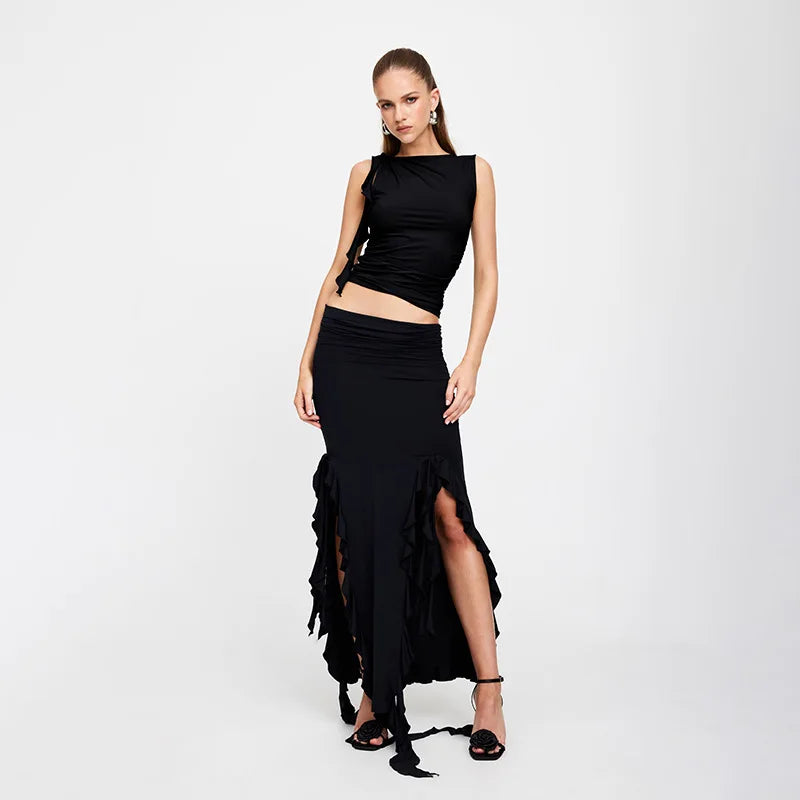 Women's Ruffle Side Slit Bodycon Sleeveless Round Neck Crop Top High Waist Sheath Skirt 2 Piece Set