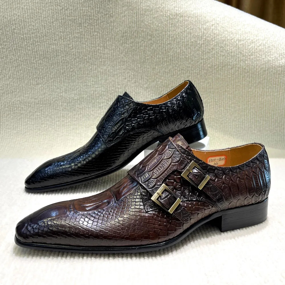 Men's Italian Genuine Leather Formal Oxford Python Crocodile Pattern Button Detailing for Office Party Wedding Shoes