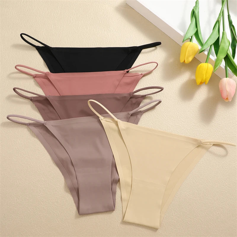 Women's 4Pcs/set Seamless Underwear Ice Silk Briefs Panties Thin Strap Lingerie