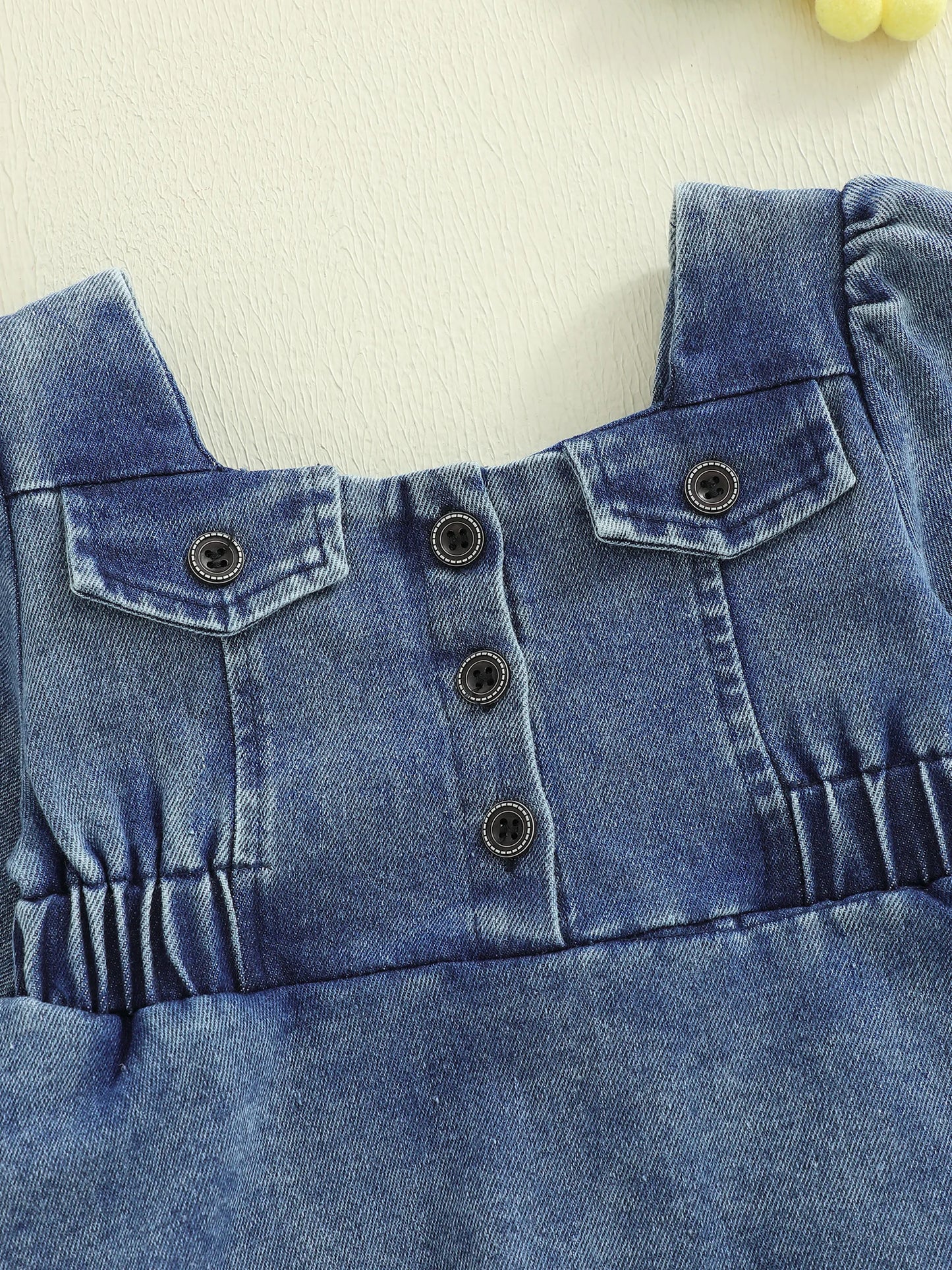 Baby Girls Denim Romper Dress - Square Neck Lantern Long Sleeve Bodysuit (0-24M)