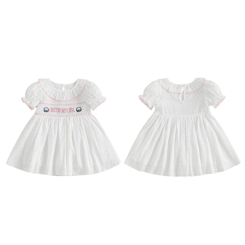 0-4Y  Kids Girls Birthday Dress 2 Style Short Sleeve Cake Embroidery Smocked Dress Summer A-Line Dress