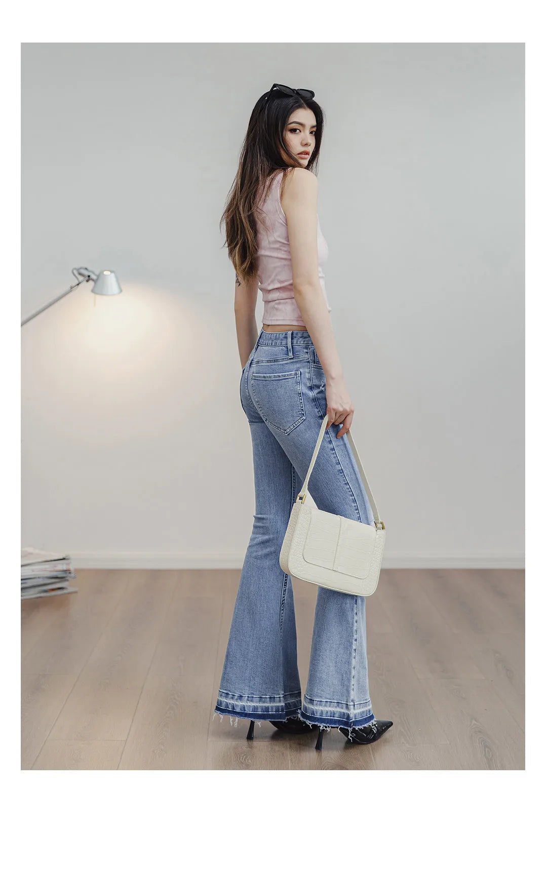 Women's Ripped Bell-Bottom Flare Jeans | 9oz Cotton Denim | Vintage High Street | Light Blue