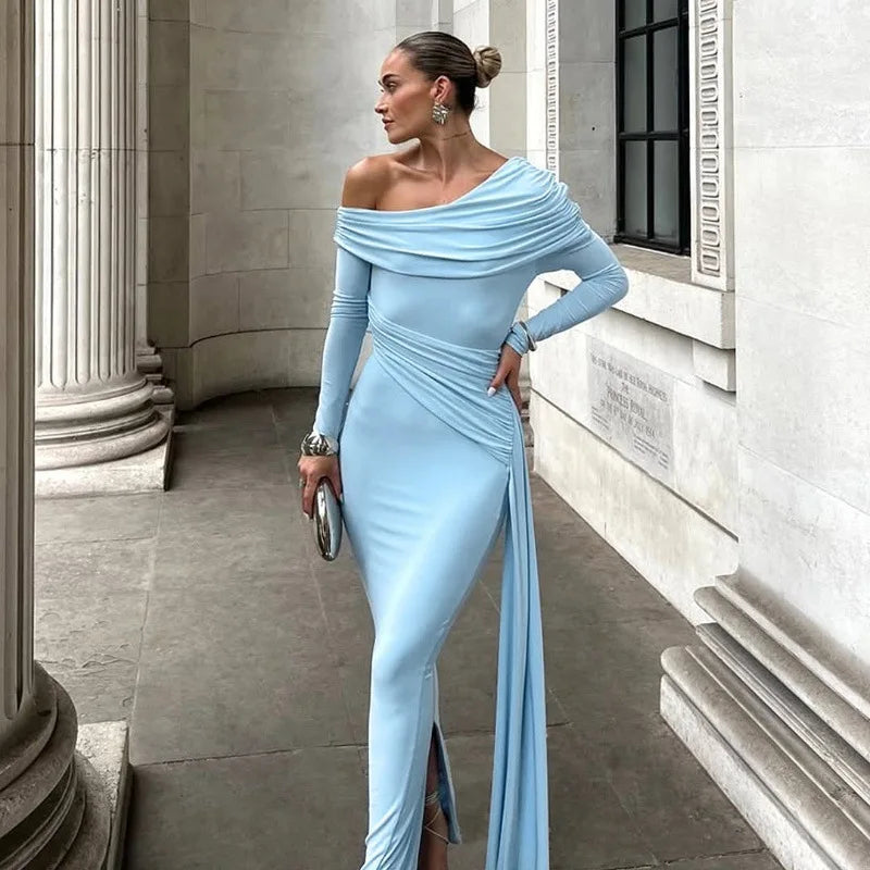 Women's Elegant Asymmetrical Ruched Maxi Dress - Long Sleeve Bodycon Gown