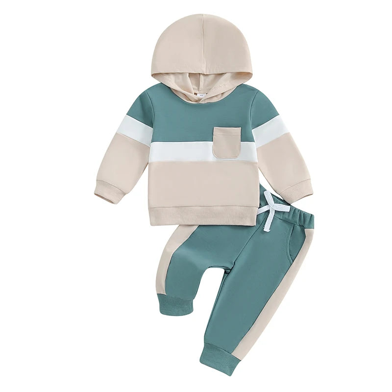 0-4Y Toddler Kids Boys Girls Fall Clothes Set Color Patchwork Long Sleeve Hooded Sweatshirt and Elastic Waist Pants