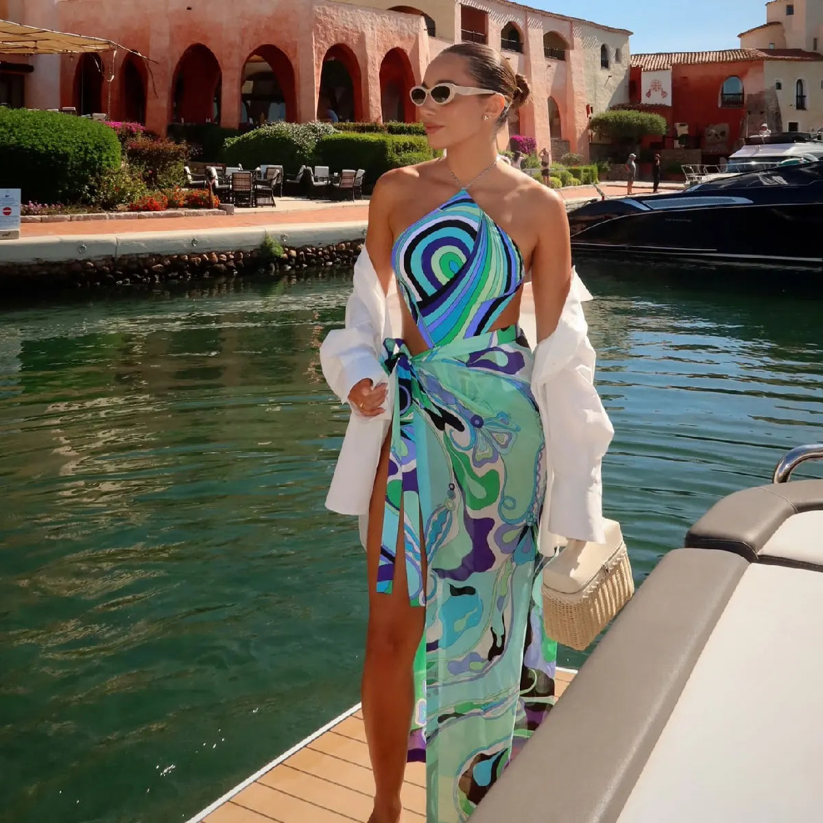 Printed One Piece Swimsuit with Skirt - Skirted Monokini