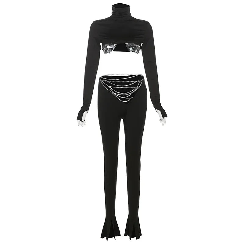 Women's Chain Trousers Set Sequin Navel-Baring Long Sleeve high Waist Hollow Slim Pants Matching Set