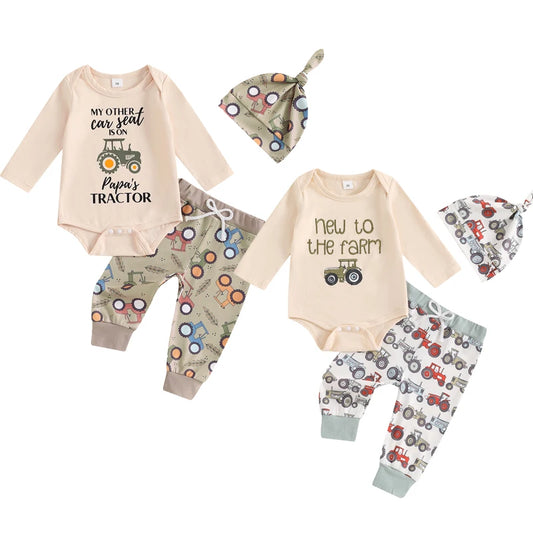 0-18M Newborn Baby Boys 3-Piece Clothing Set - Long Sleeve Romper with Tractor Pants and Hat