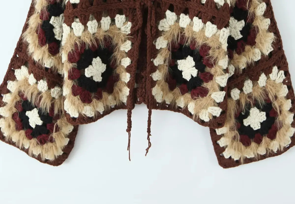 Boho Plaid Handmade Crochet Cardigan - Long Sleeve Lace Up Autumn Sweater