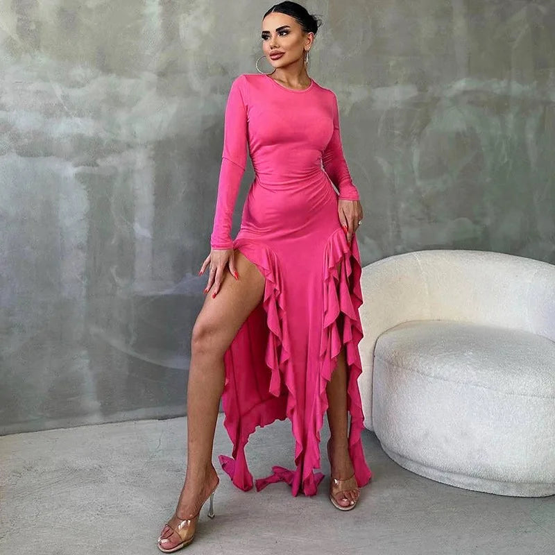 Women's Long Sleeve Split Maxi Dress - Fringe Ruffle  Dress