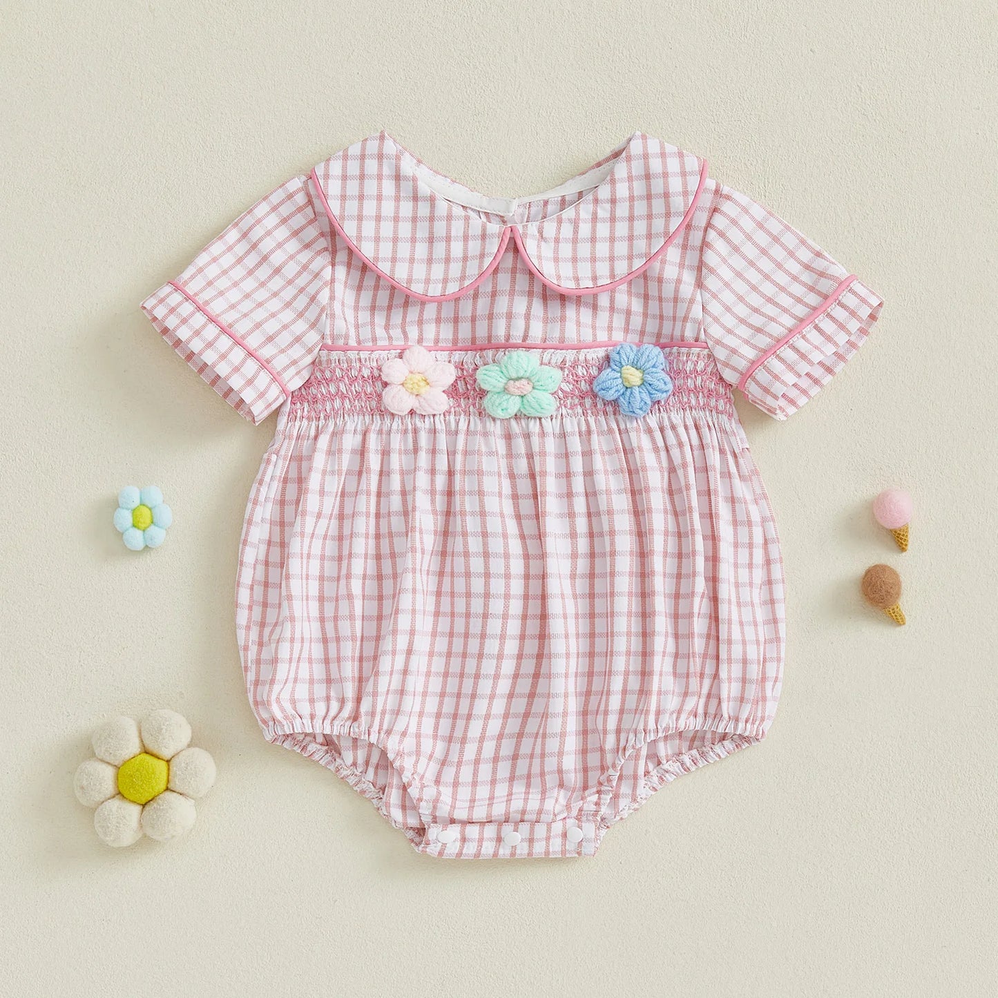 Baby Girls Summer Plaid Romper - Doll Collar Short Sleeve with Flower Embroidery (0-18M)