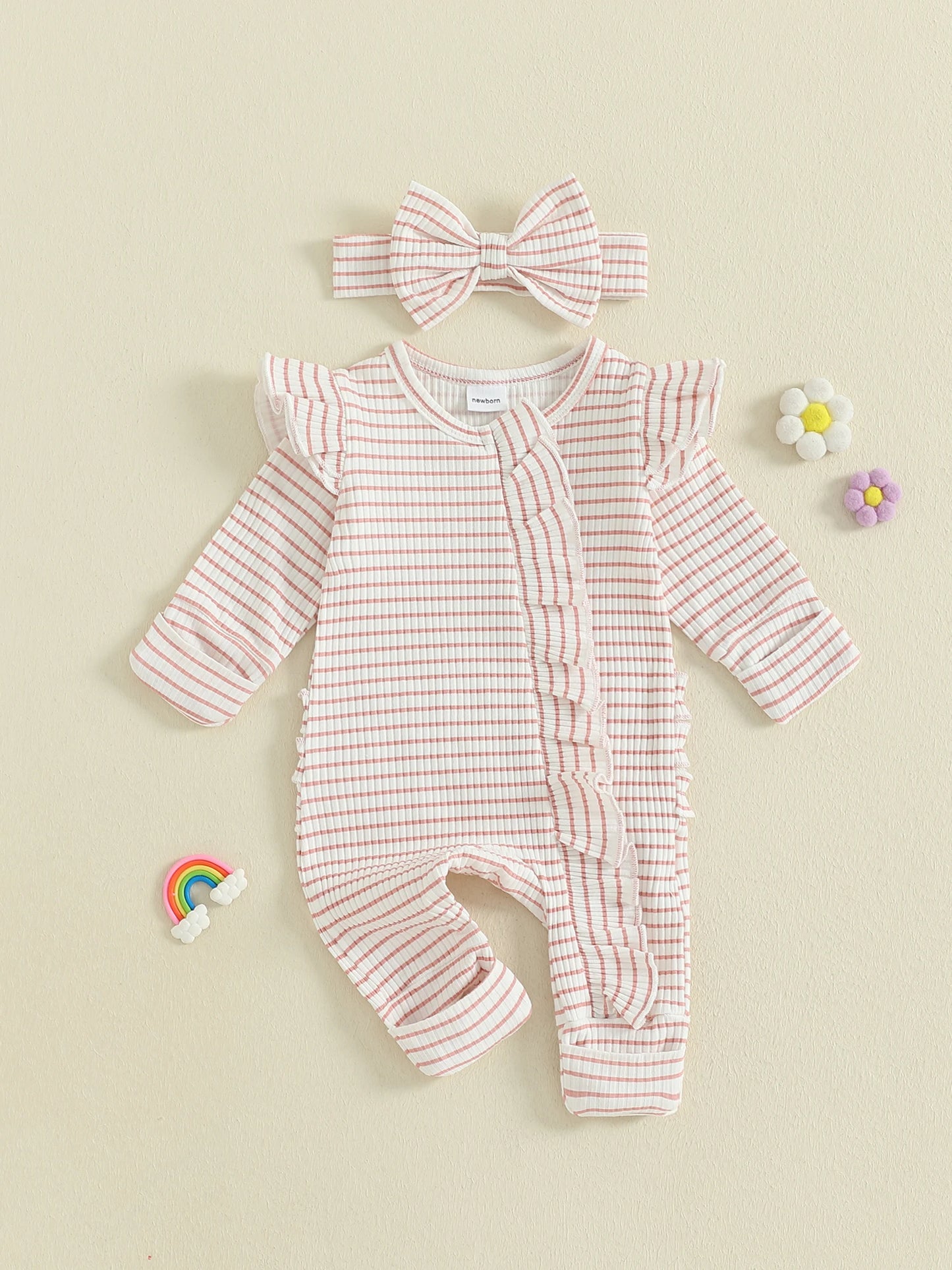 Newborn Baby 2-Piece Romper Outfit Set - Striped Jumpsuit with Headband