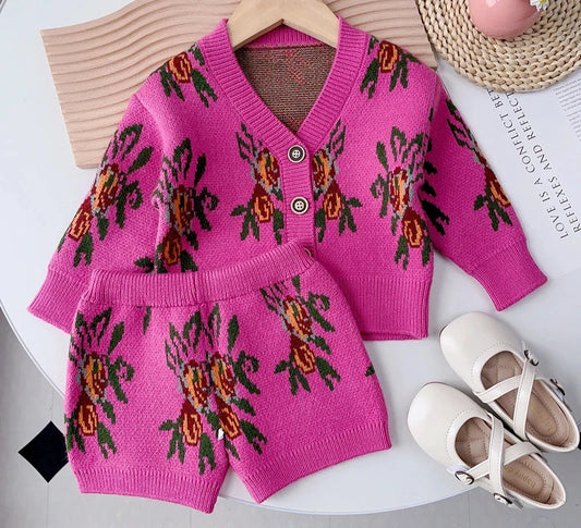 Baby, Girls Long Sleeve Floral Print V-neck Knitted Top and Floral Print Shorts Girls Sweater Sets