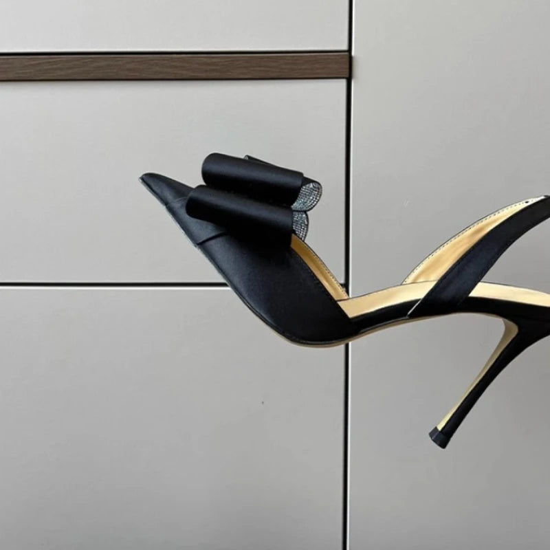 Women's Rhinestone Bowknot Satin Pointed Heel Sandals - Bridesmaid Party Shoes