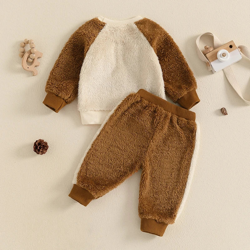 0-4Y Baby Boys Fall Clothes Sets Cute Dog Pattern Plush Long Sleeve Sweatshirt and Pants 2pcs