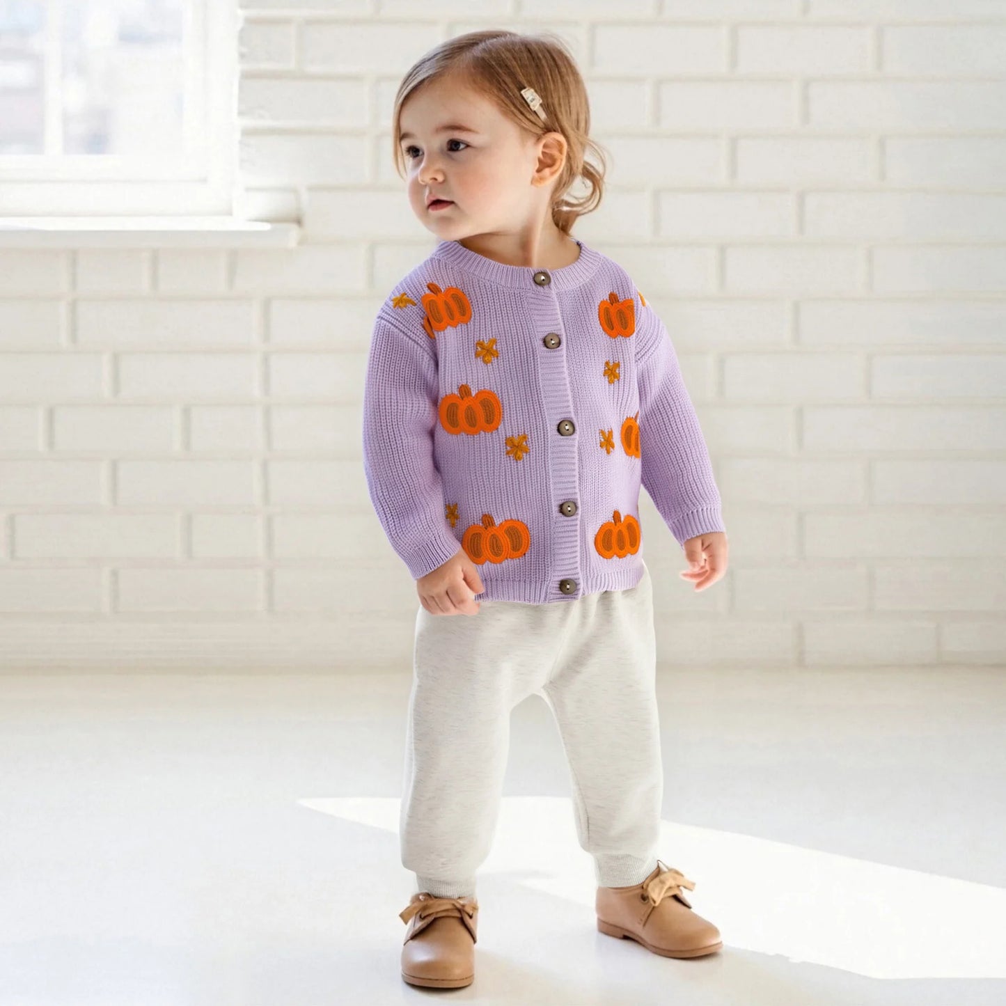 Toddler Halloween Cardigan - Pumpkin Embroidery Button Knit Sweater