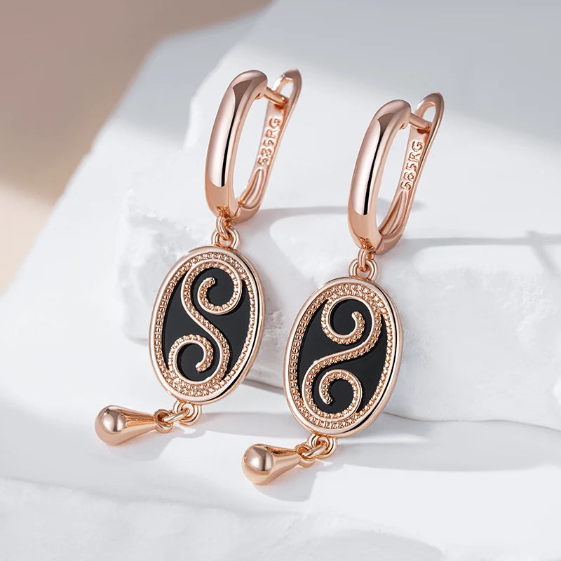 Women's 585 Rose Gold Colour  Vintage Black Stone Dangle Earrings