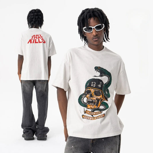 Men's Summer  Washed cobra skull print short-sleeved T-shirt