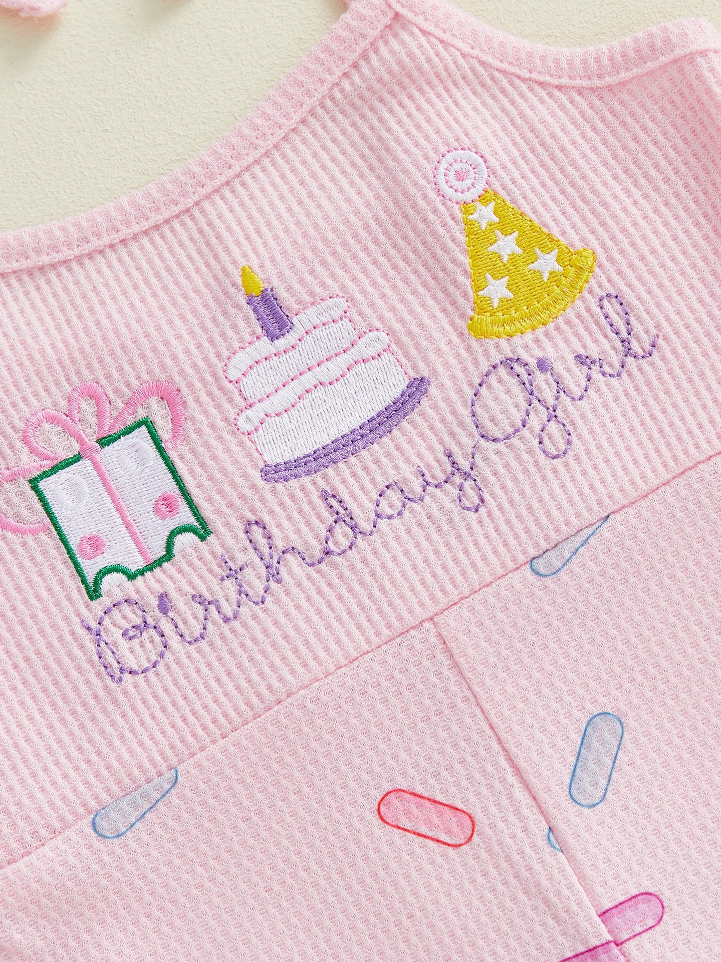 Toddler Girls Birthday Overalls Jumpsuit - Cake Embroidery Sleeveless Bell Bottom Flare Pants
