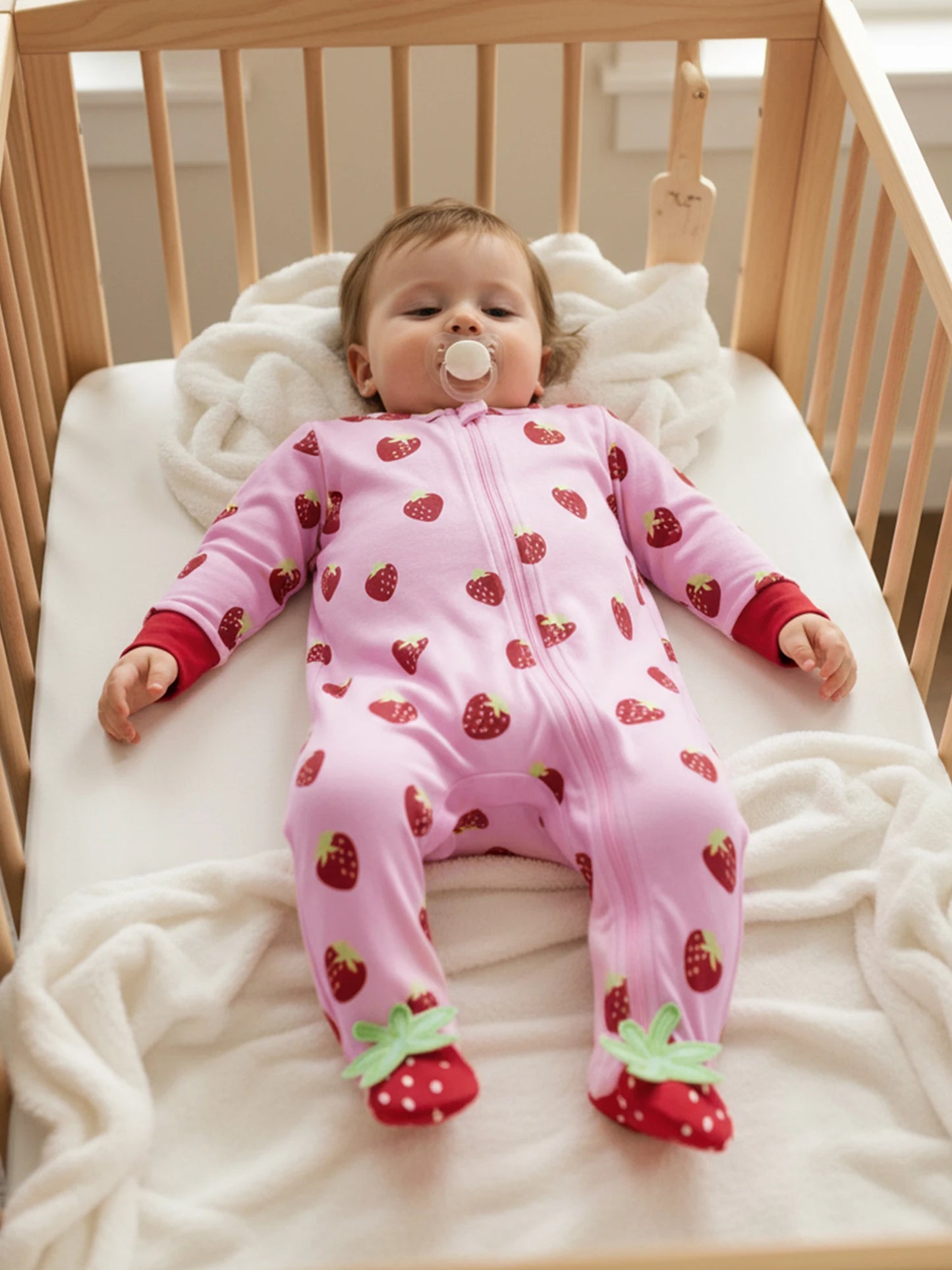 Baby Girls Boys Strawberry Print Romper - Long Sleeve Footed Jumpsuit 0-18M