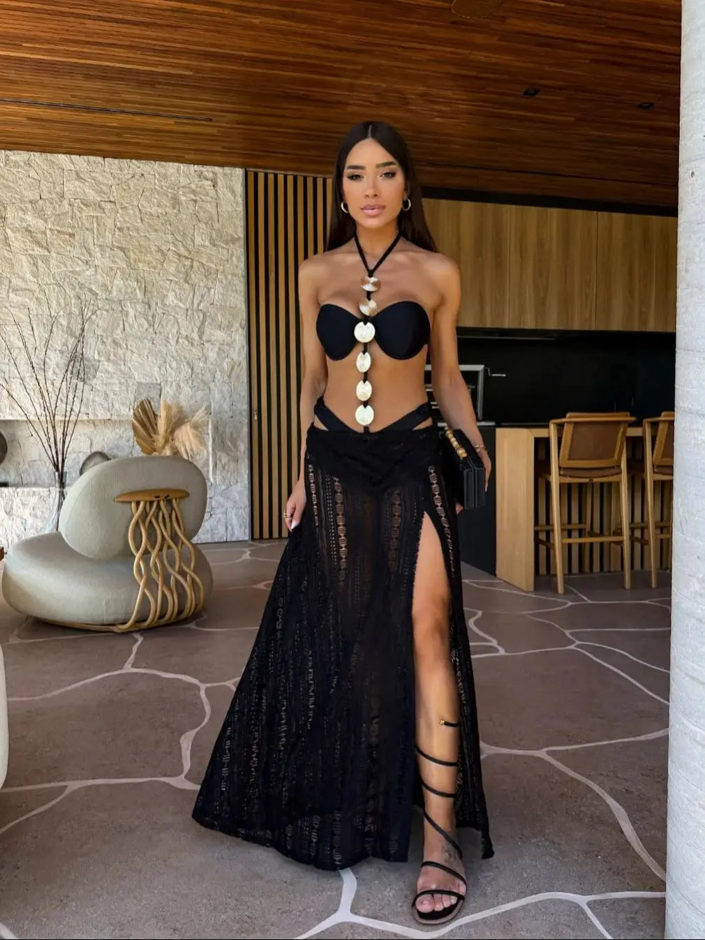 Women's 3-Piece High Leg Bandage Swimwear Set with Slit Skirt - Tie-Neck Halter