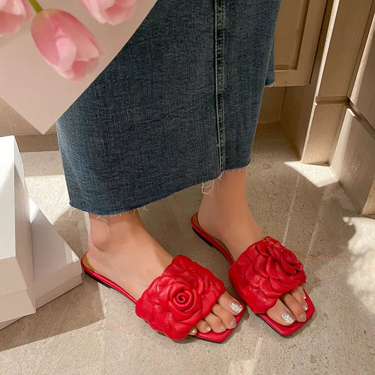 Women's 3D Flower Handmade Rose Head Layer Cowhide Open Toe Square Toe Slippers