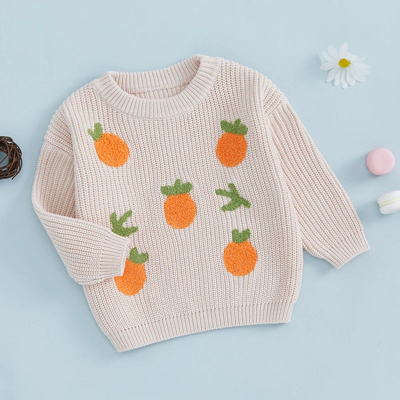 0-3Y Winter Baby Girls Lovely Knit Sweater - Long Sleeve Flower Fruit Embroidery Pullover Knitwear