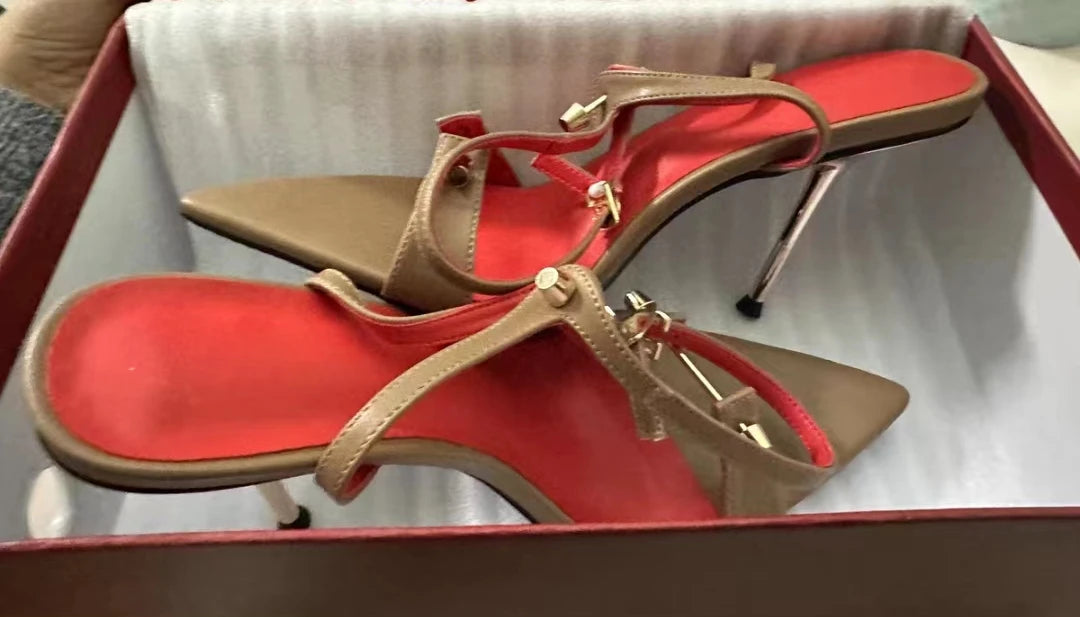Women's Metal Strap High Heel Sandals - Pointed Open Toe Stilettos