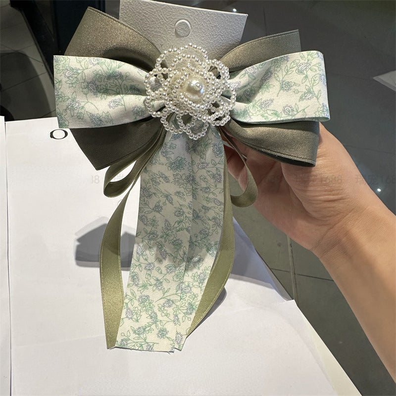 Handmade Fabric Bow Brooch with Pearl Flower Detail