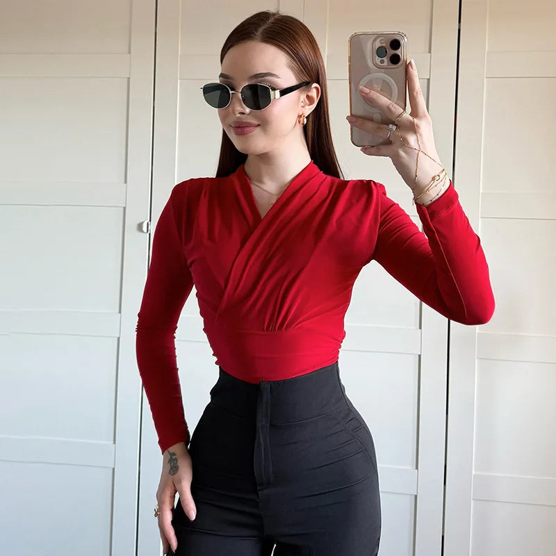 Women's Cross-Neck Slim Long Sleeve Elegant Ruched Top