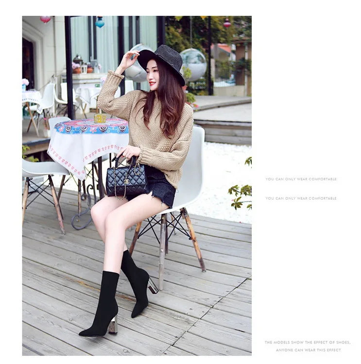 Women's Elastic Sock Boots - Metal Block Heel Ankle Boots Plus Size Available