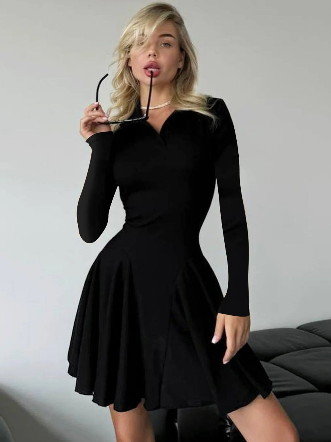 Women's Folds Mini Slinky Waist Shirt POLO Collar Splice Long Sleeve Dress