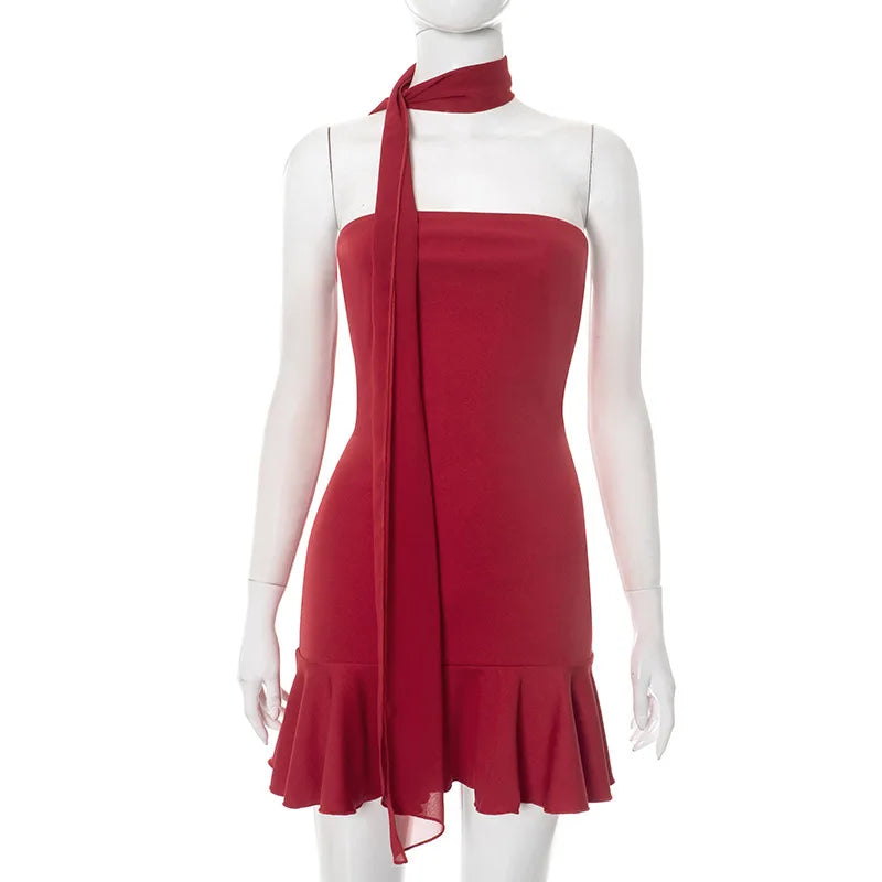 Women's Ruffled Strapless Mini Dress - Red Backless Bodycon with Neck Scarf