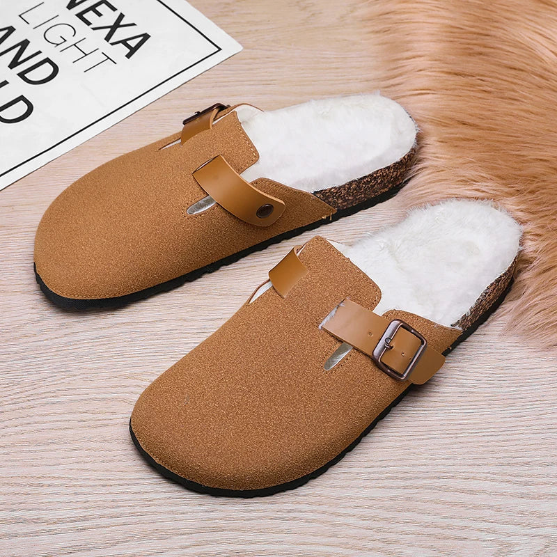 Winter Plush Slippers - Men's Warm Closed Toe Buckle Design Clogs
