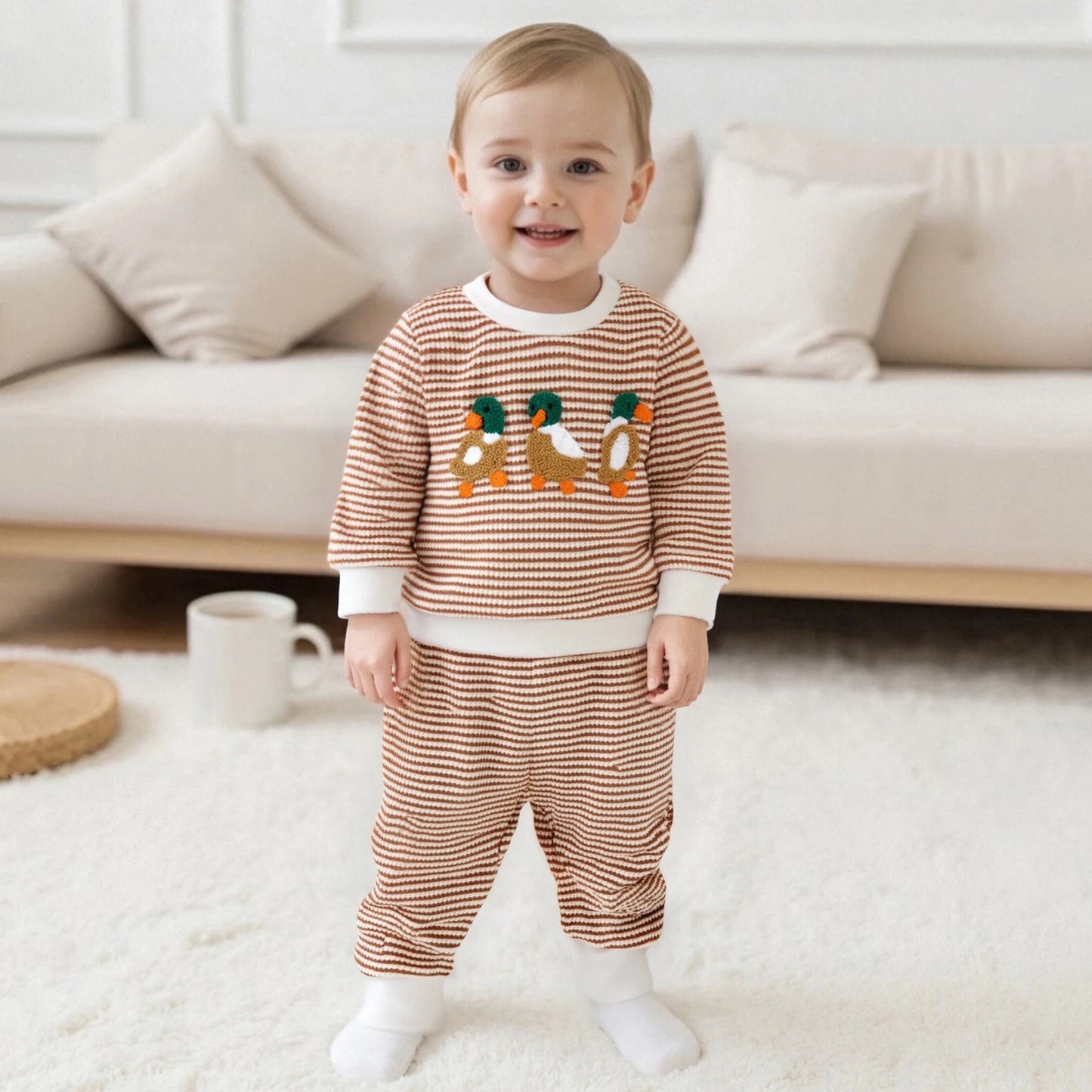 Baby Boy's Outfit Set - Duck/Truck Embroidered Striped Sweatshirt & Pants