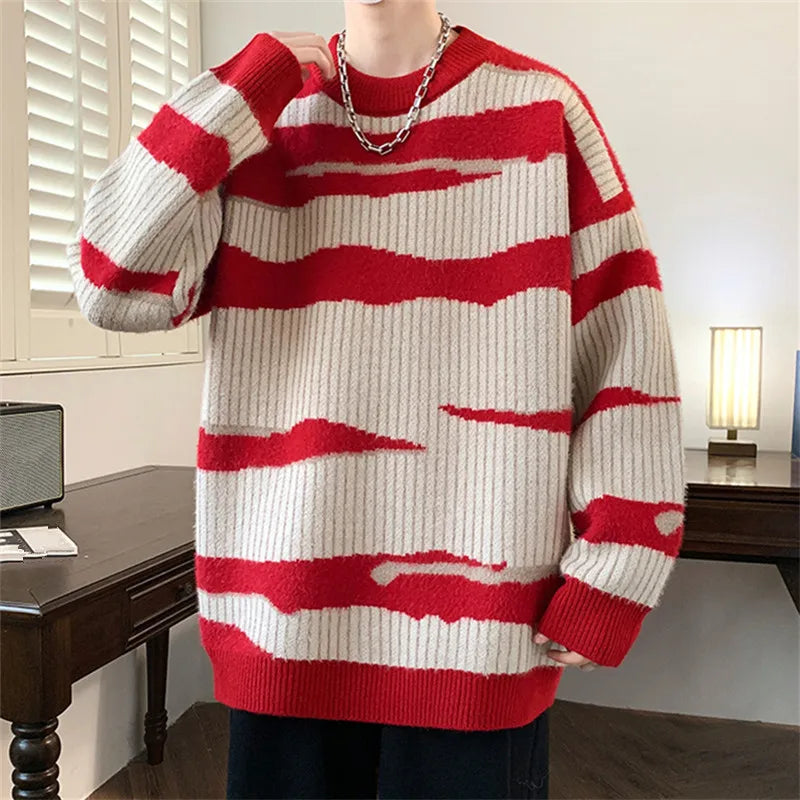 Men Round-Neck Knit Gradient Striped Knitted Pullover Sweater