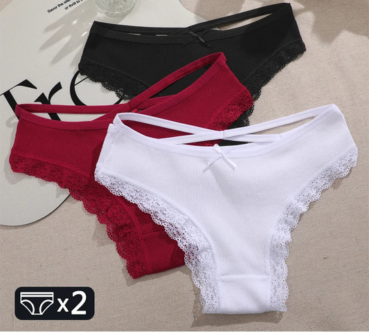 Women's Cotton Panties - 2 Pack Lace Brazilian Briefs Low-Waist