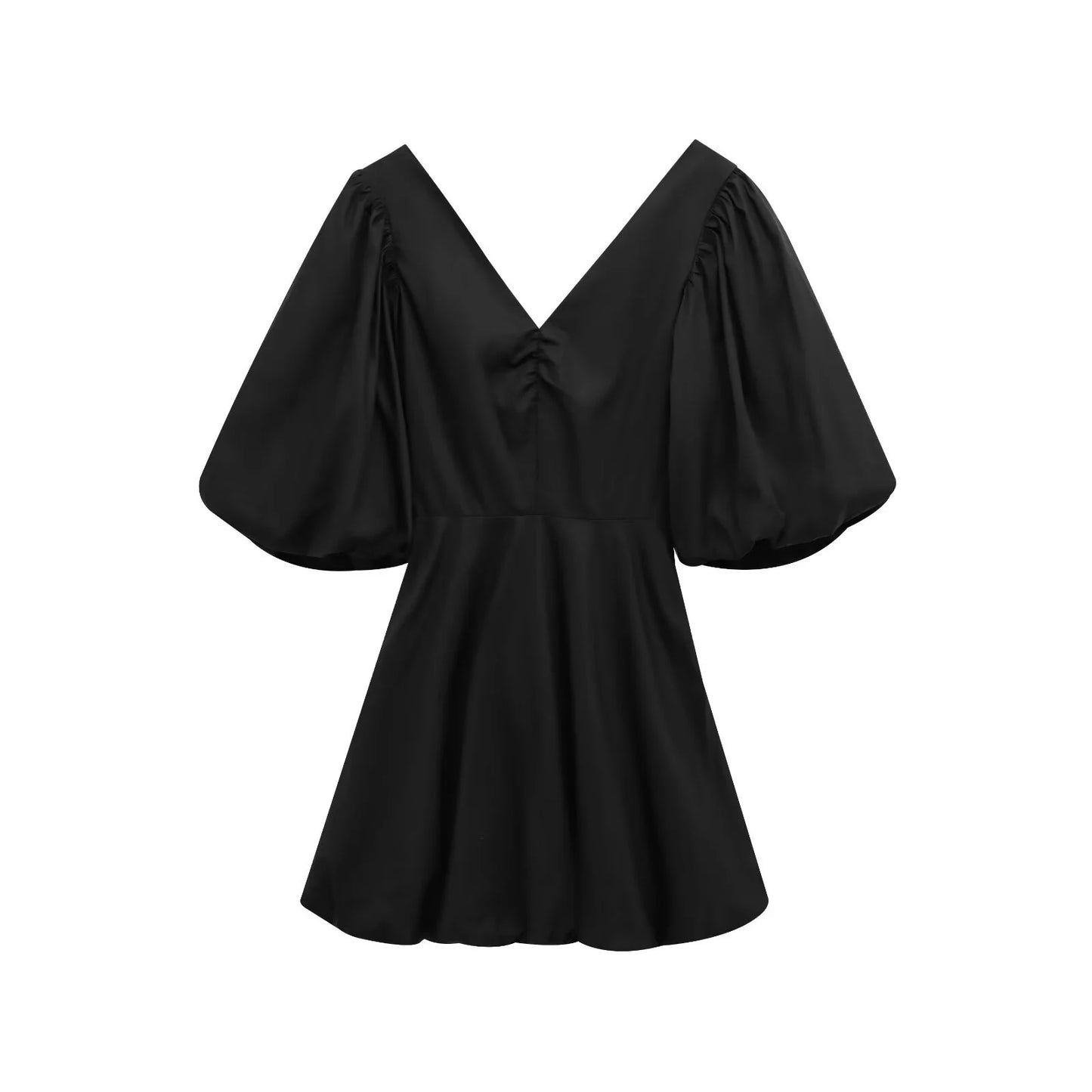 Women's Elegant V-Neck Summer Dress - Bubble Sleeves Waist Cinching Fluffy Skirt